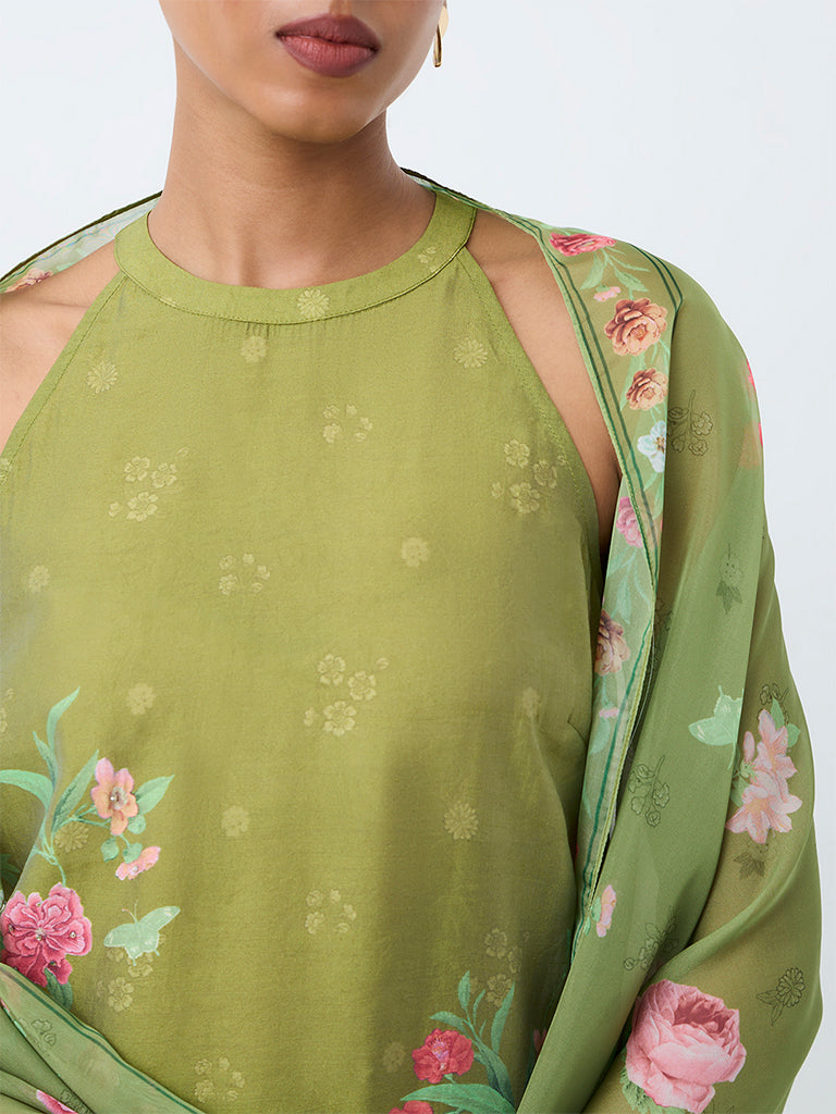 Vark Green Floral Printed A-Line Ethnic Set