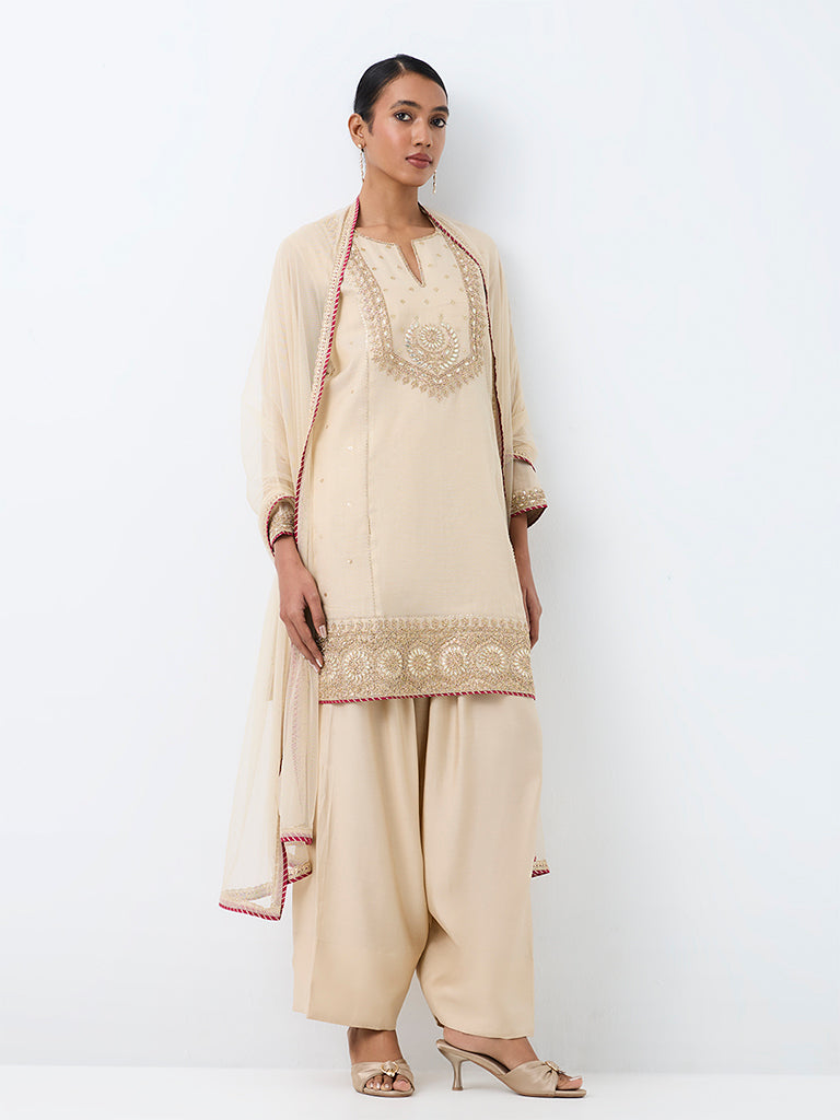 Vark Light Beige Floral Embroidered A-Line Ethnic Set