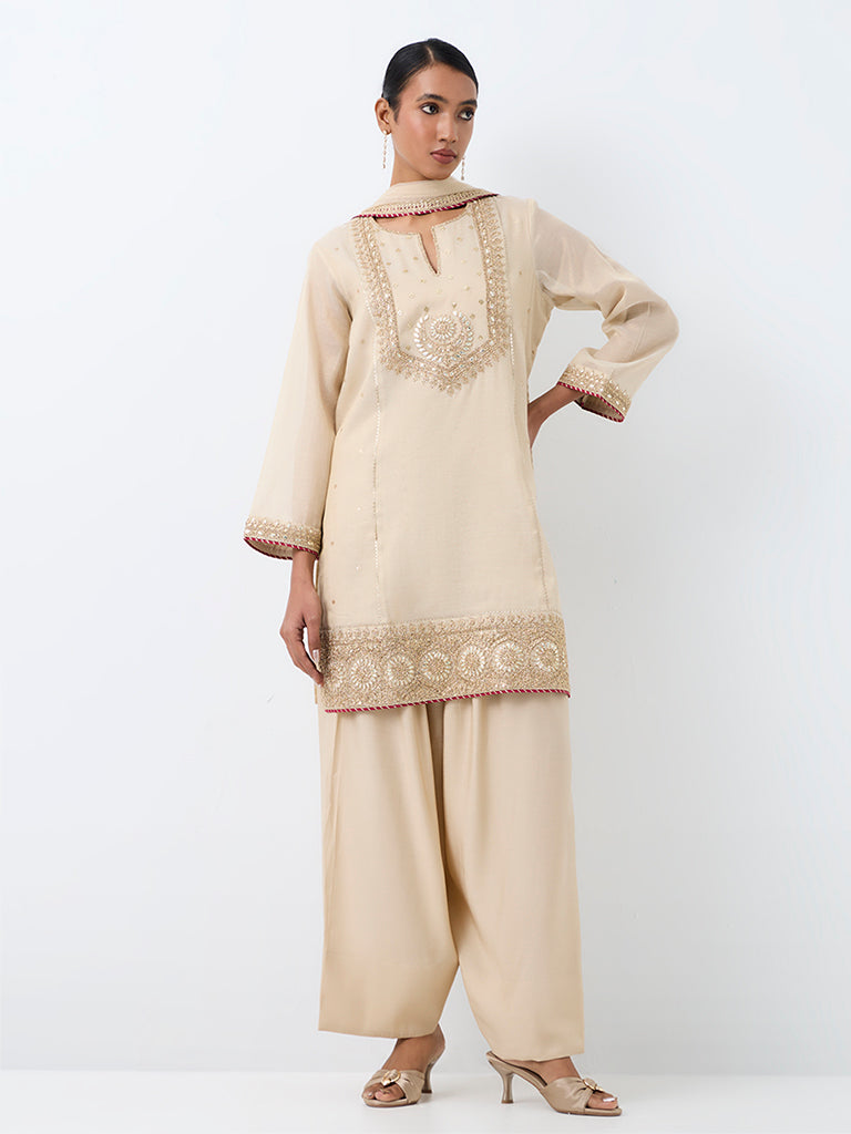 Vark Light Beige Floral Embroidered A-Line Ethnic Set