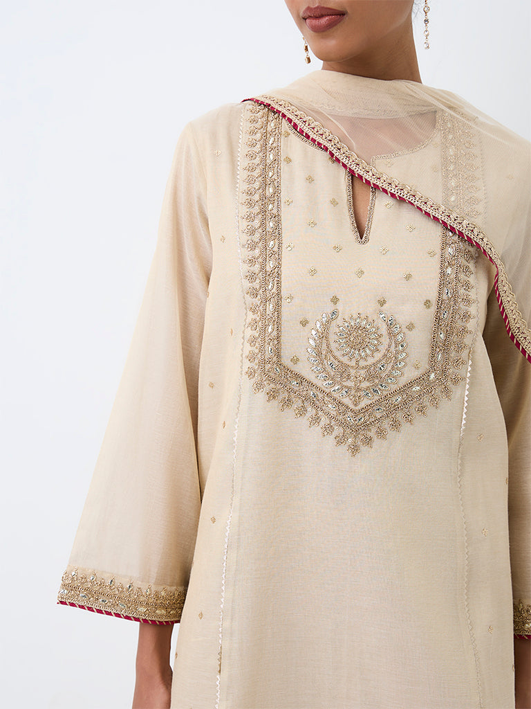 Vark Light Beige Floral Embroidered A-Line Ethnic Set