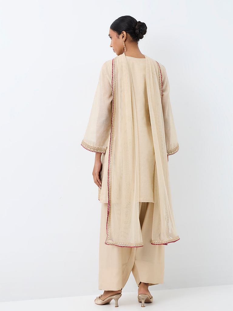 Vark Light Beige Floral Embroidered A-Line Ethnic Set