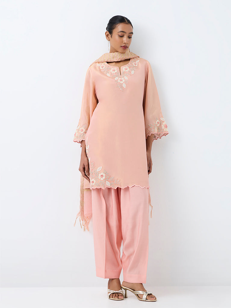 Vark Light Pink Floral Embroidered A-Line Ethnic Set