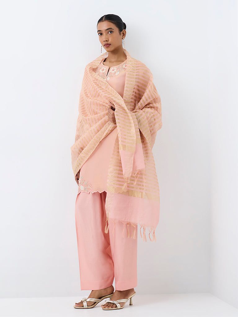 Vark Light Pink Floral Embroidered A-Line Ethnic Set