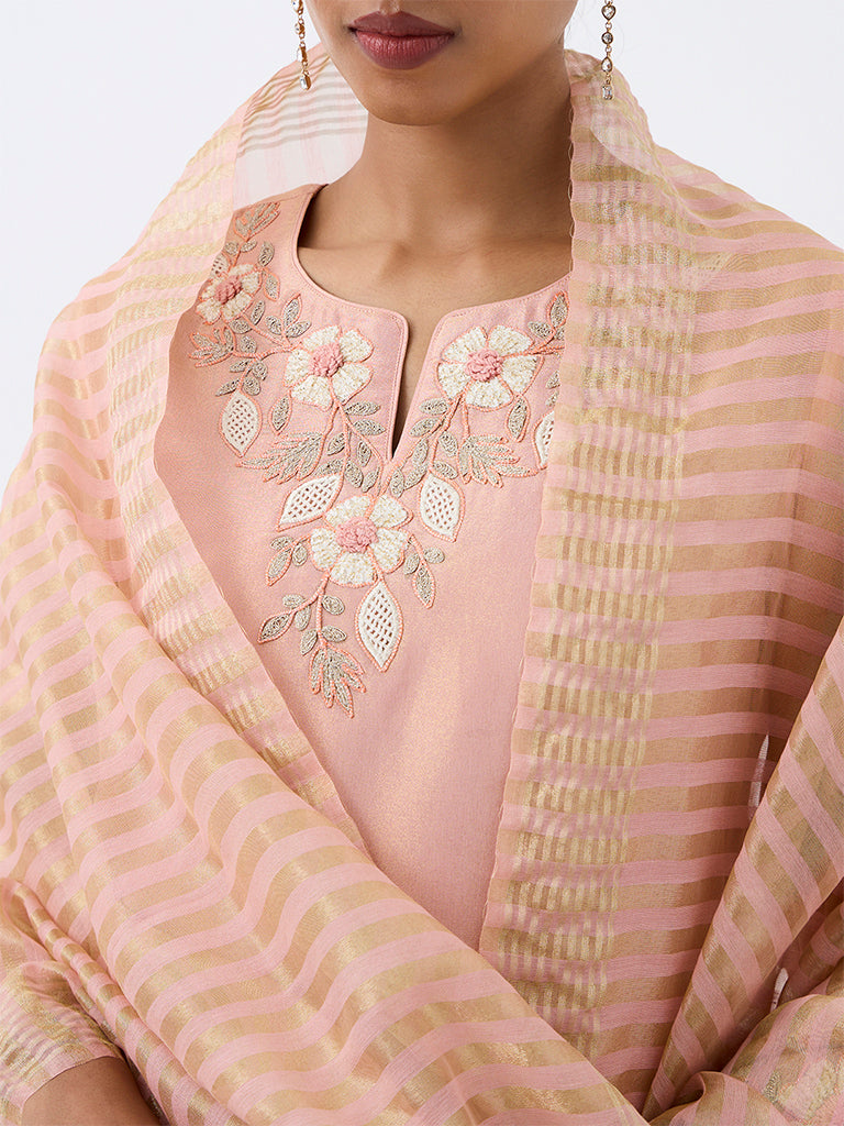 Vark Light Pink Floral Embroidered A-Line Ethnic Set