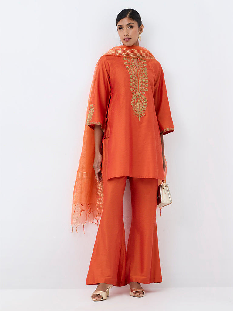 Vark Orange Floral Embroidered Straight Ethnic Set