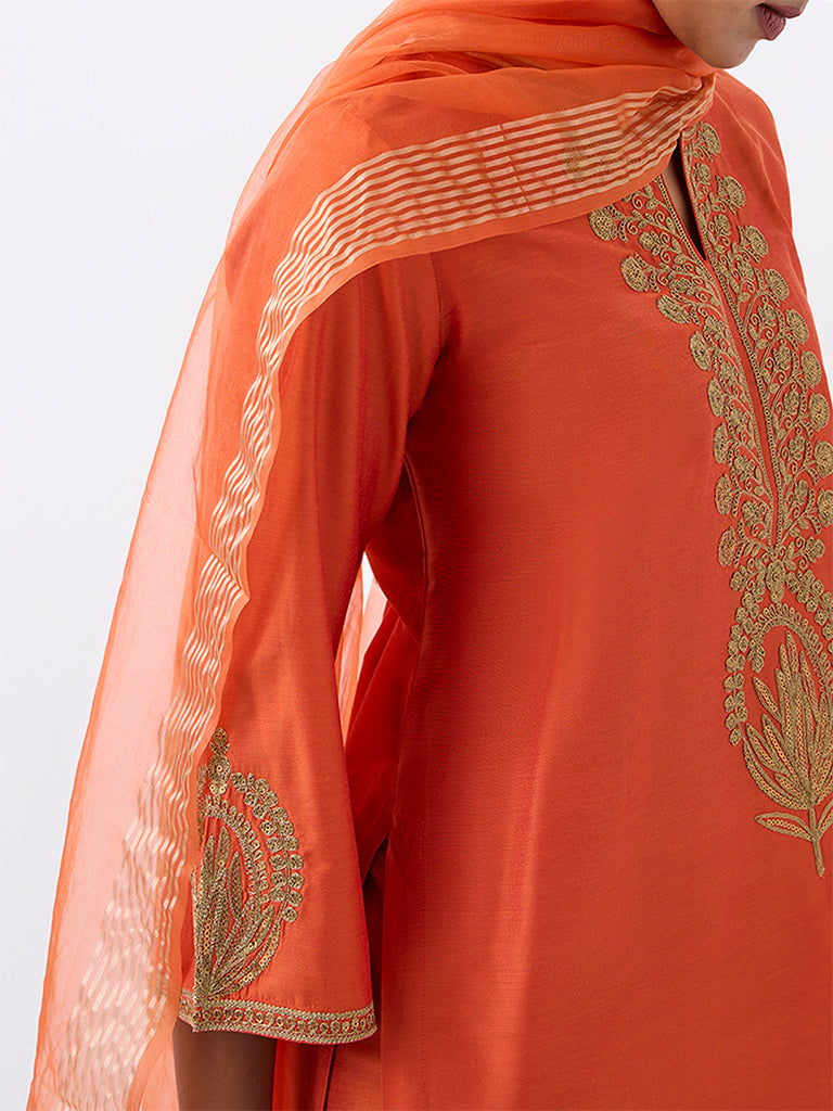 Vark Orange Floral Embroidered Straight Ethnic Set
