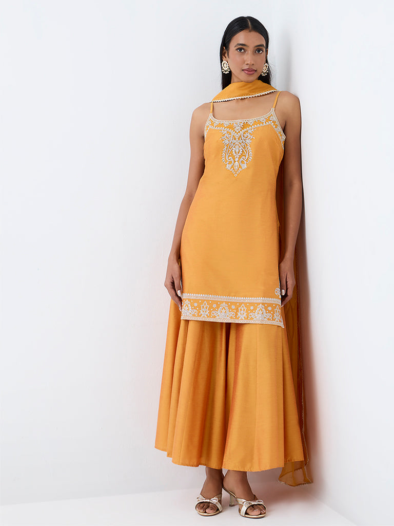Vark Orange Floral Embroidered A-Line Kurta and Flared Palazzos Set