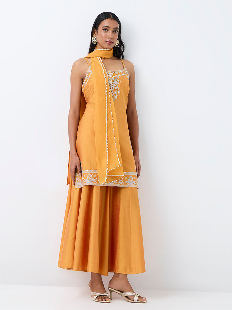 Vark Orange Floral Embroidered A-Line Ethnic Set