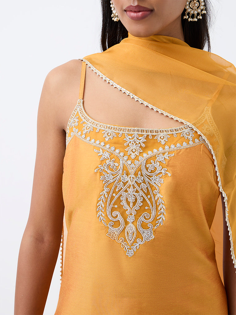 Vark Orange Floral Embroidered A-Line Ethnic Set