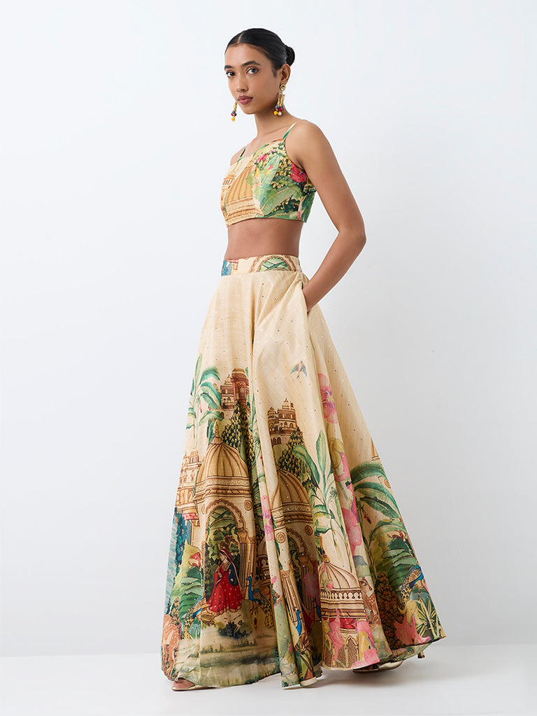 Vark Multicolour Heritage Printed Flared Maxi Skirt