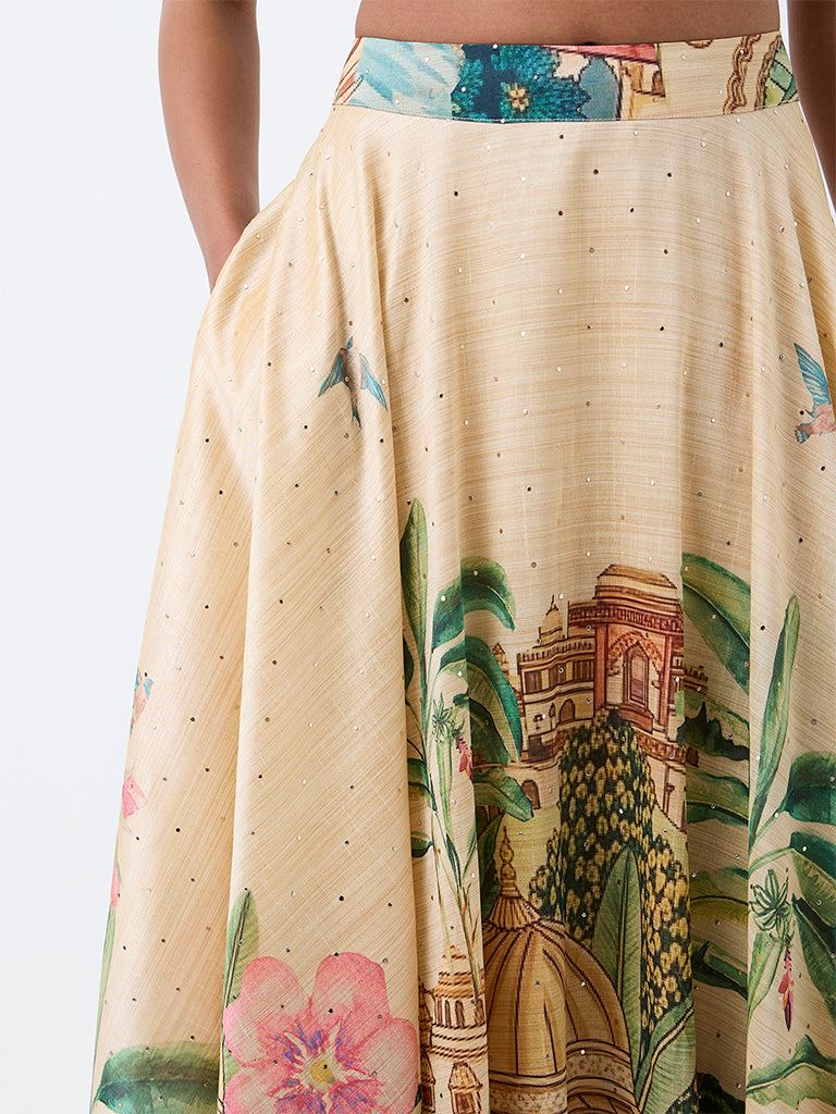 Vark Multicolour Heritage Printed Flared Maxi Skirt