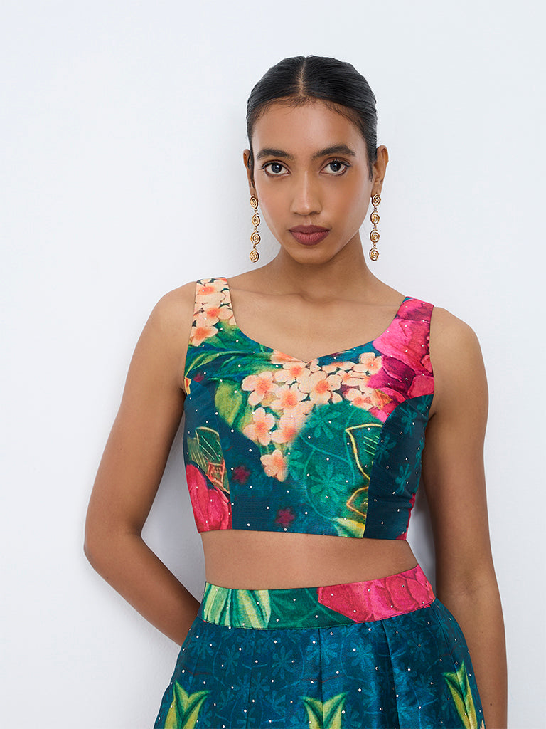 Vark Dark Teal Floral Printed Crop Top
