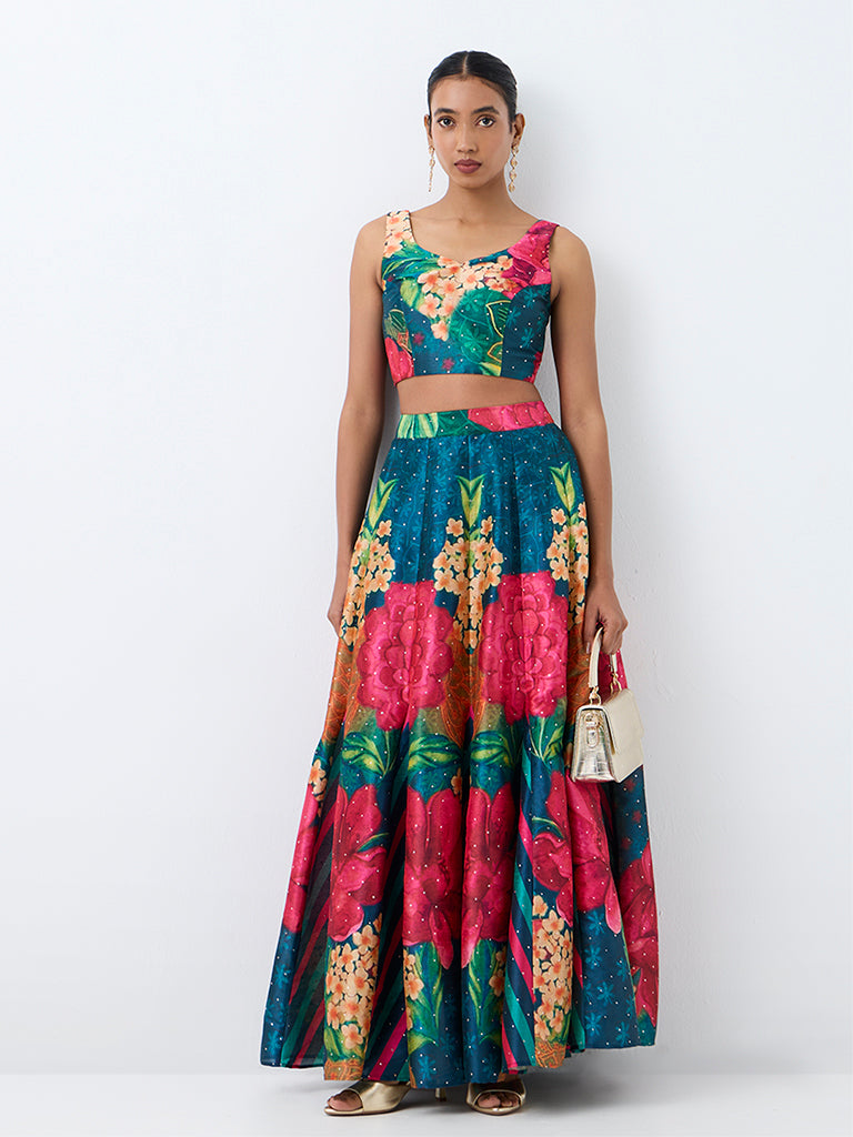 Vark Dark Teal Floral Printed Crop Top