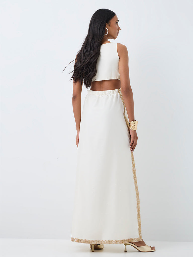 Vark Off-White Floral Embroidered Cut-Out Maxi Dress