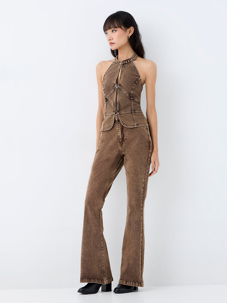 Nuon Brown-Wash High-Waist Bootcut Fit Jeans