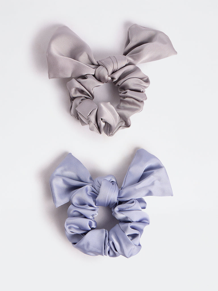 Westside Accessories Light Blue and Grey Bow-Detail Satin Scrunchies - Pack of 2