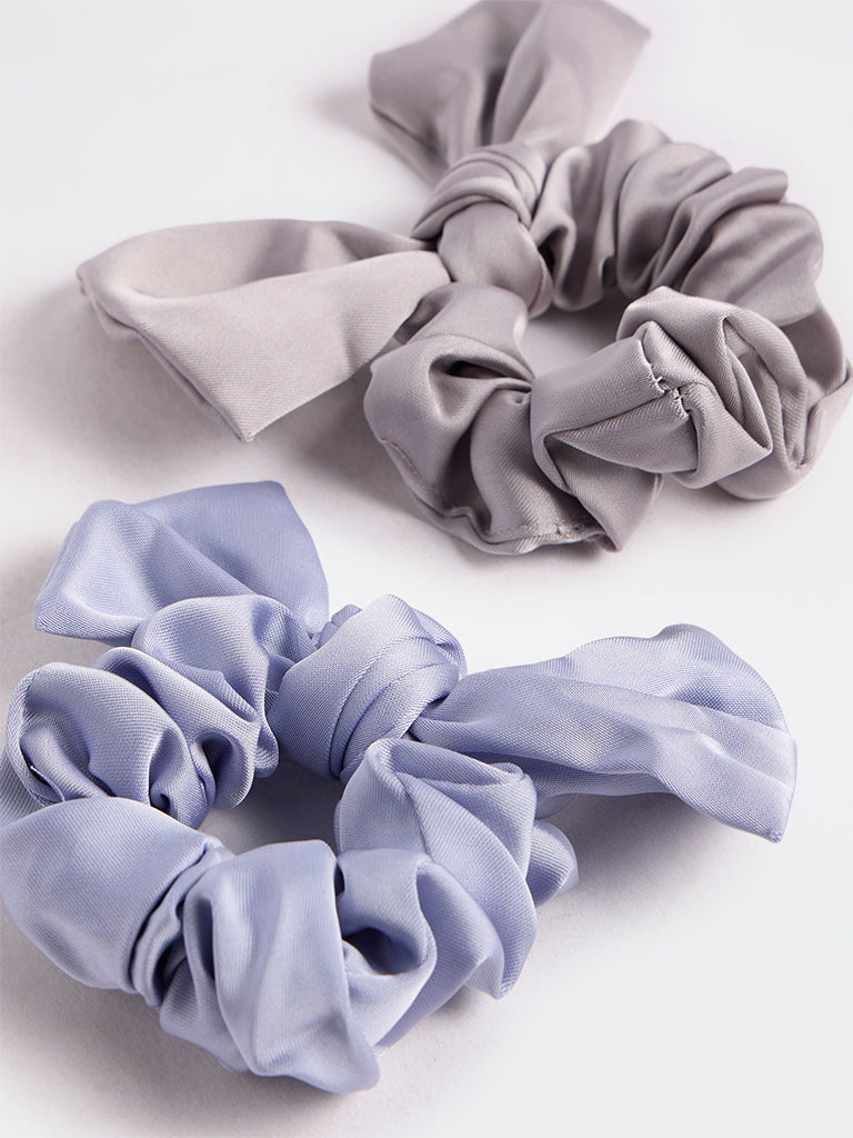 Westside Accessories Light Blue and Grey Bow-Detail Satin Scrunchies - Pack of 2