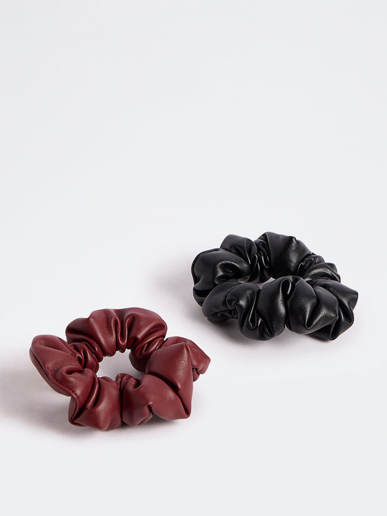 Westside Accessories Black and Burgundy Faux Leather Scrunchies - Pack of 2