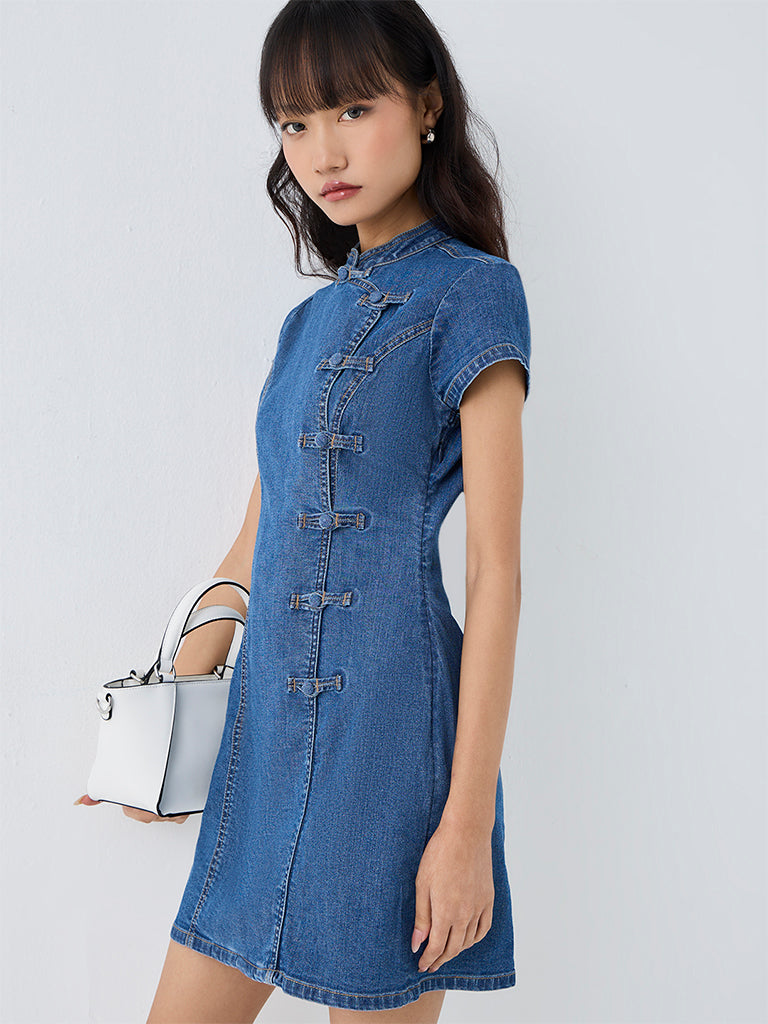Nuon Blue Straight Denim Dress with Frog Fastening