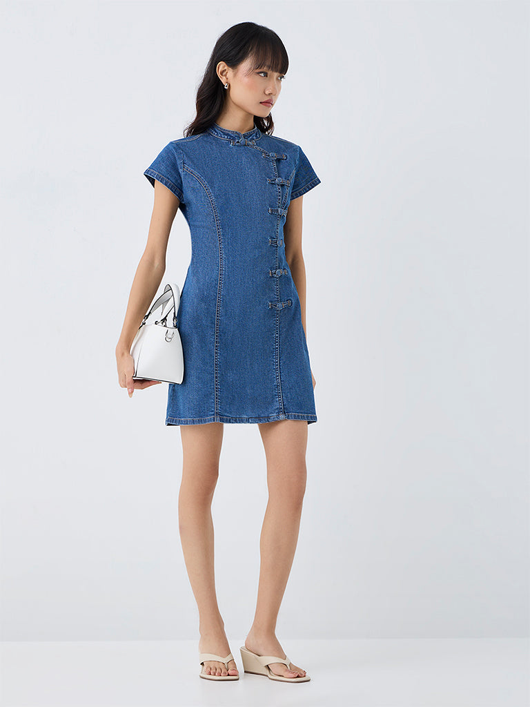 Nuon Blue Straight Denim Dress with Frog Fastening