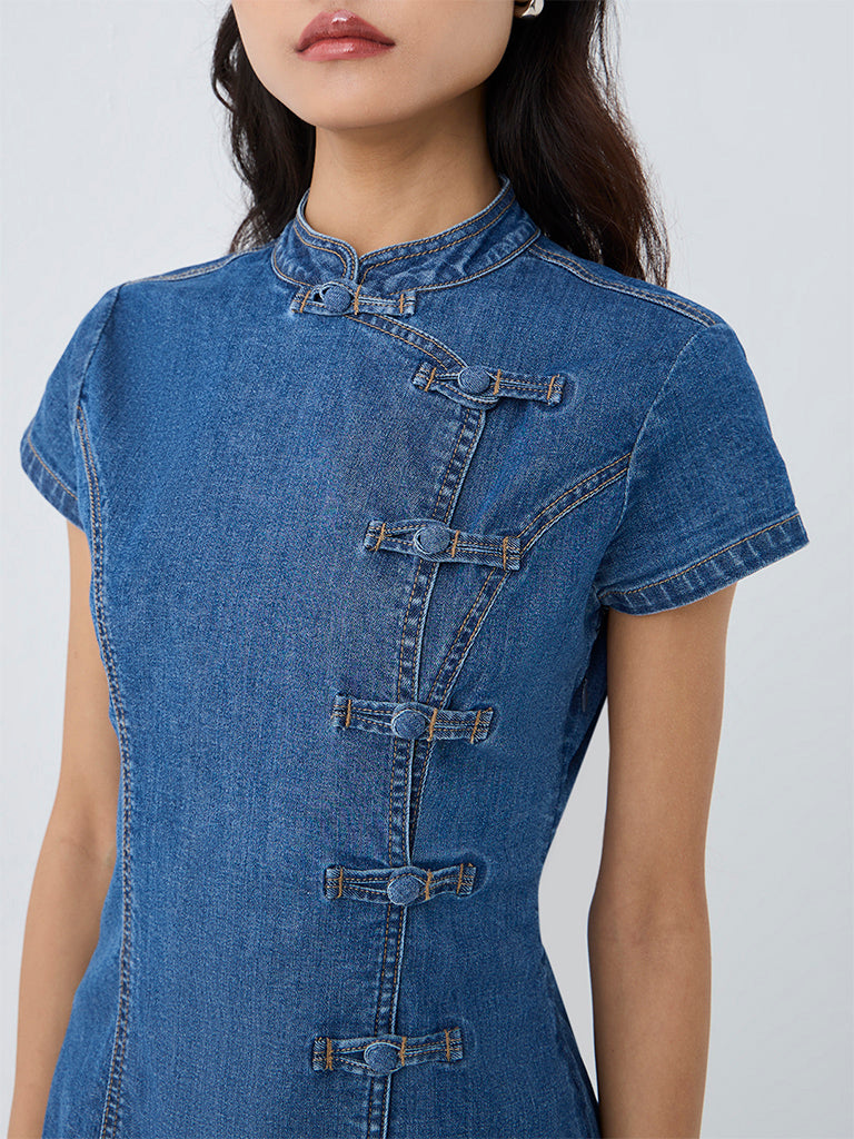 Nuon Blue Straight Denim Dress with Frog Fastening