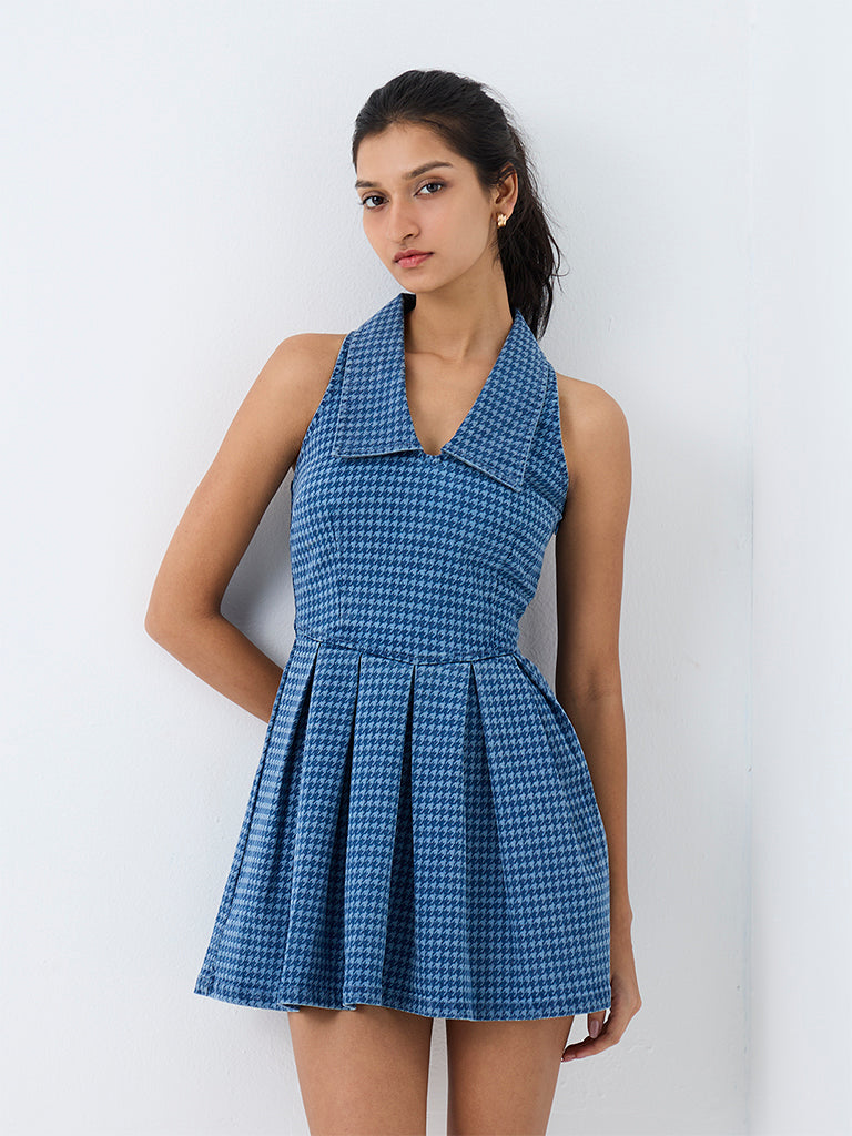 Nuon Blue Houndstooth Checkered Fit-and-Flare Dress