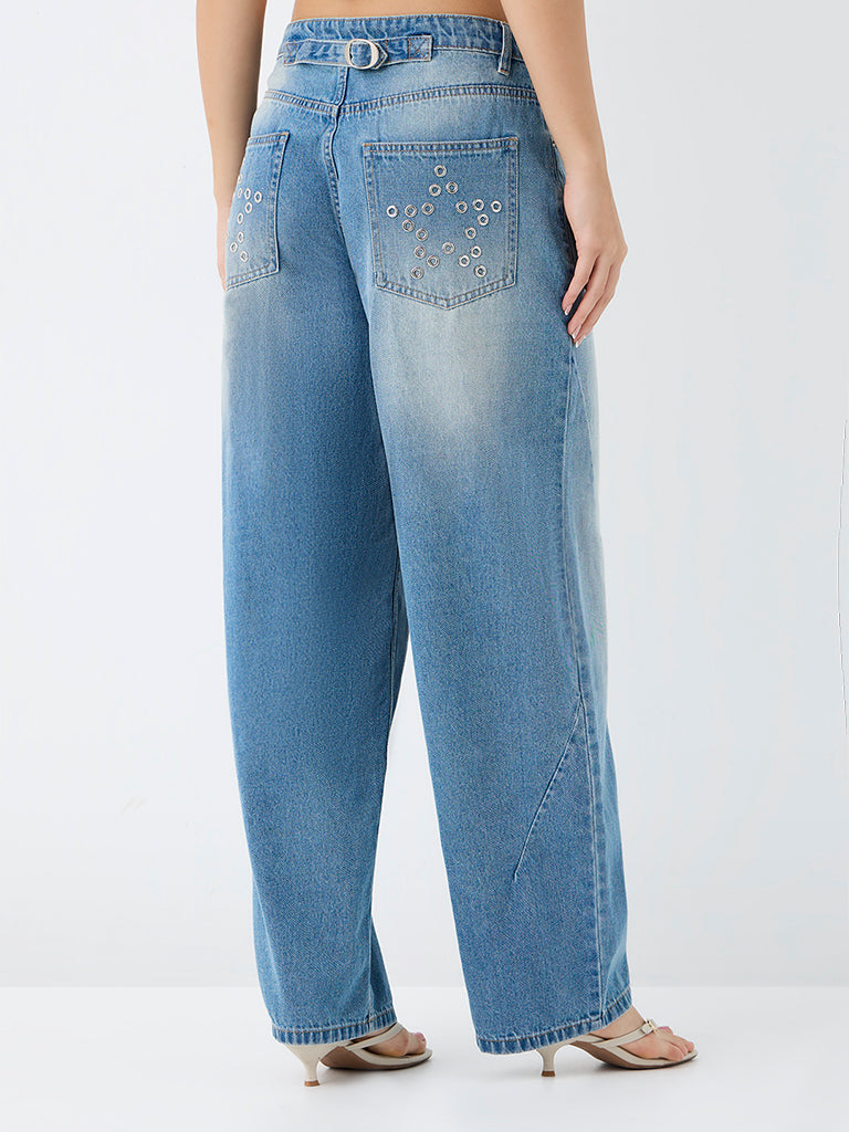 Nuon Blue Metal Eyelet-Detail High-Rise Jeans
