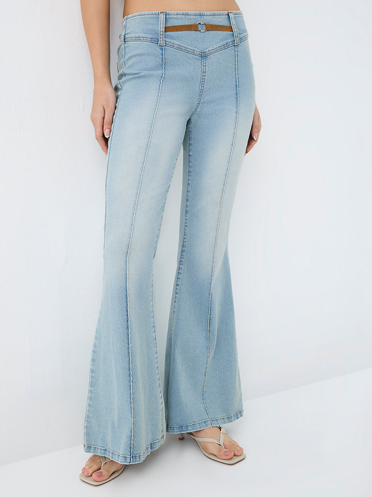 Nuon Light Blue Buckle-Detail High-Rise Flared Jeans