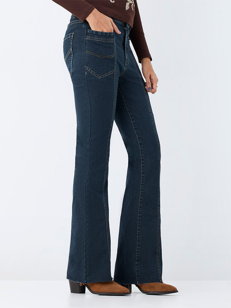 Nuon Dark Blue Solid High-Rise Flared Jeans