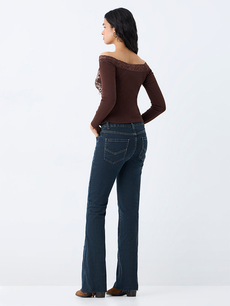 Nuon Dark Blue Solid High-Rise Flared Jeans