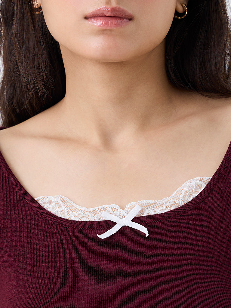 Nuon Burgundy Lace-Detail Ribbed Top