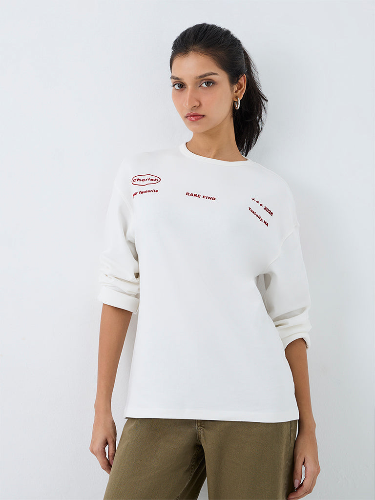 Nuon White Cherry Printed Cotton T-Shirt