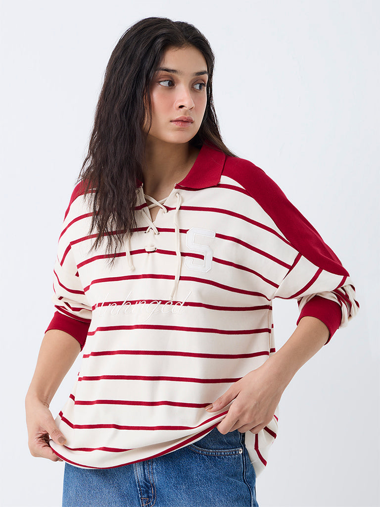 Nuon Cream Striped Criss-Cross Tie-Up Cotton T-Shirt