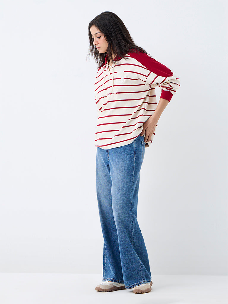 Nuon Cream Striped Criss-Cross Tie-Up Cotton T-Shirt