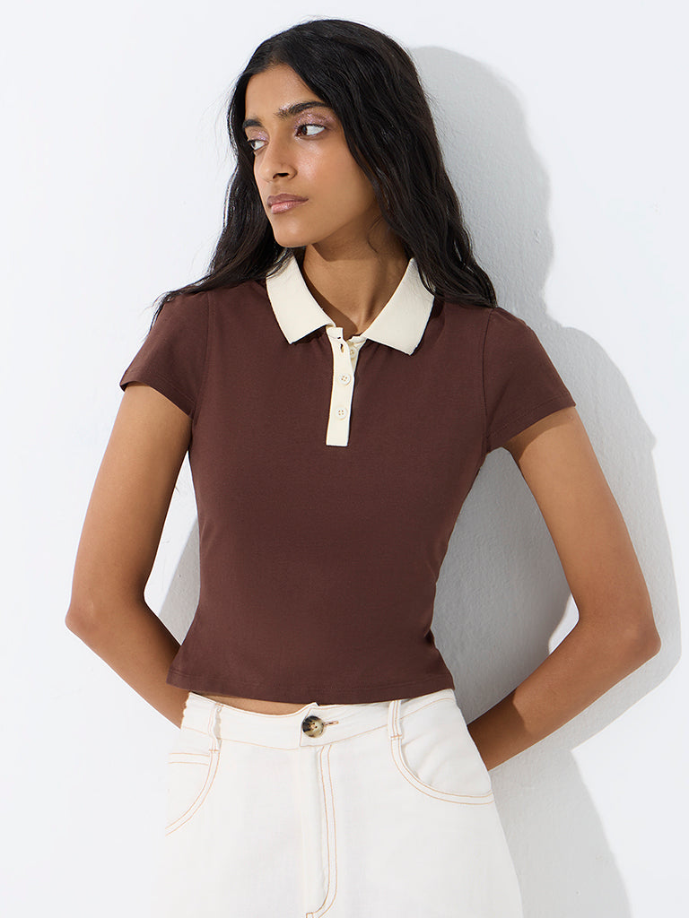 Nuon Brown Solid Cotton-Blend T-Shirt