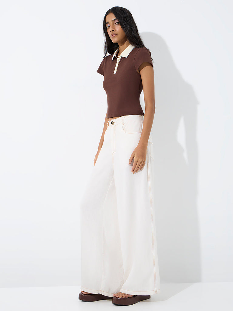 Nuon Brown Solid Cotton-Blend T-Shirt