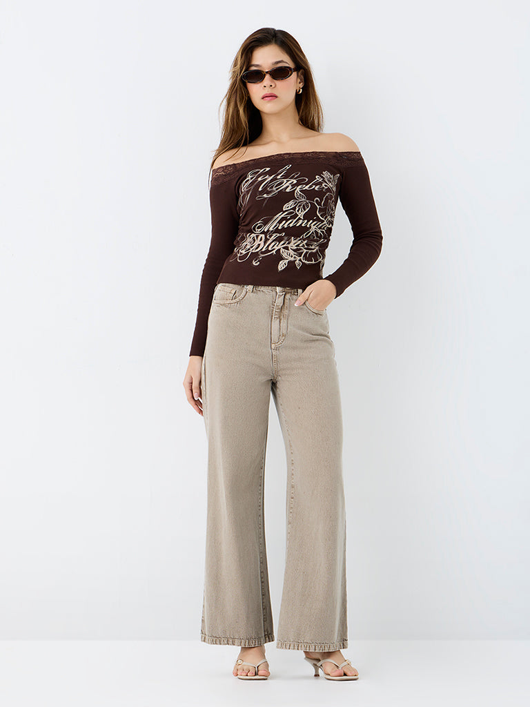 Nuon Dark Brown Printed Off-Shoulder Cotton-Blend Top