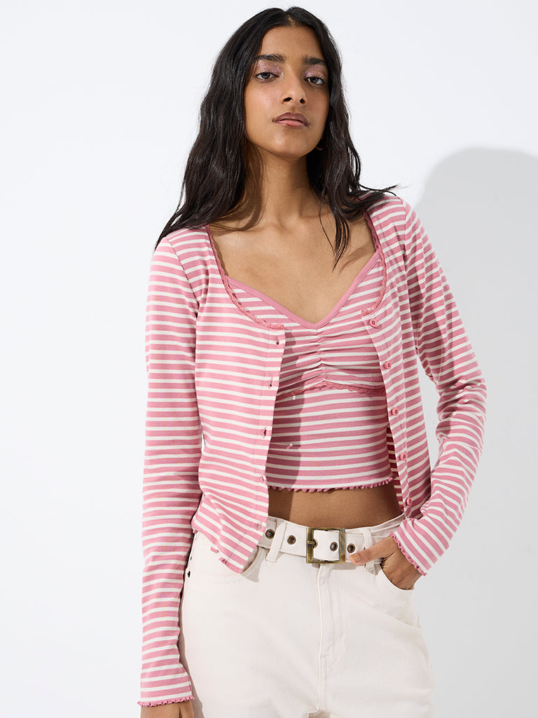 Nuon Pink Striped Cotton Top