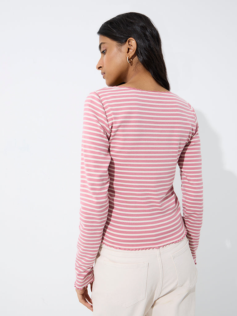 Nuon Pink Striped Cotton Top