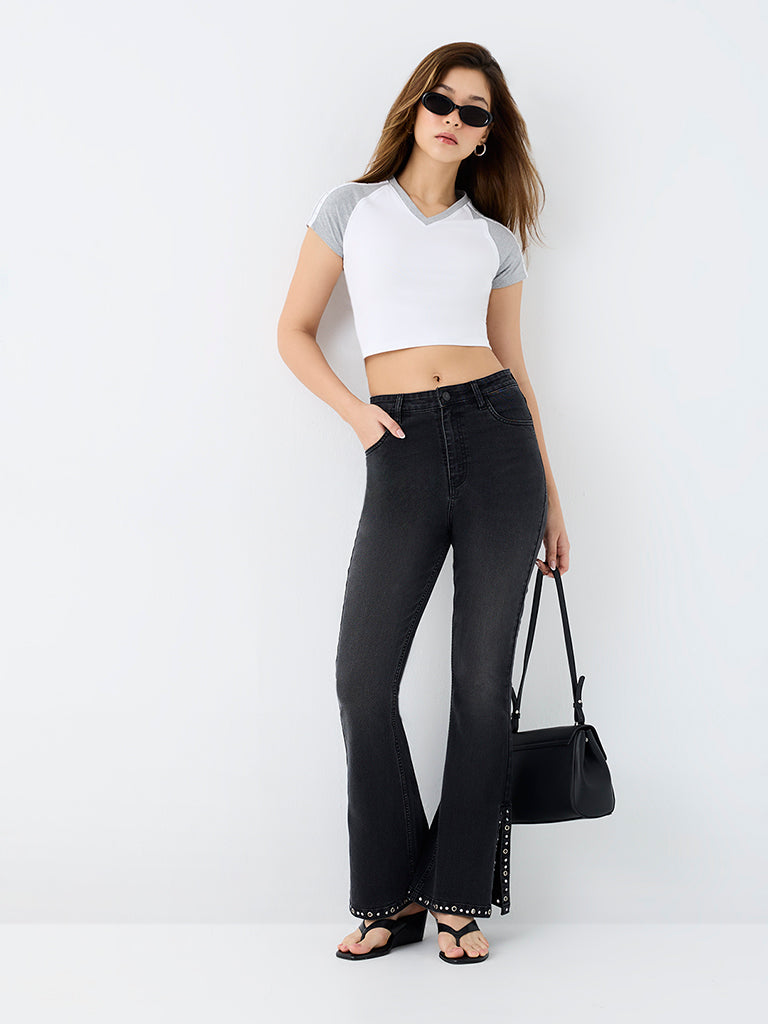 Nuon Grey Stud-Detailed Colour-Blocked Cotton T-Shirt