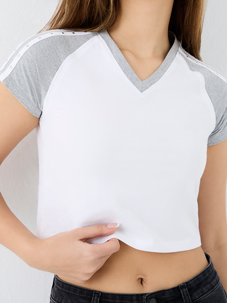 Nuon Grey Stud-Detailed Colour-Blocked Cotton T-Shirt