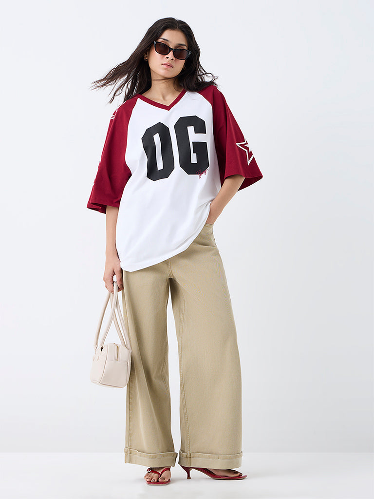 Nuon White Text Printed Colour-Blocked Cotton-Blend T-Shirt