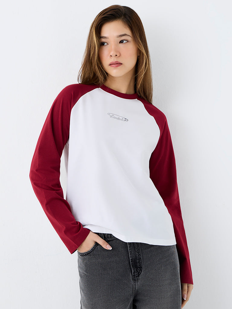 Nuon Burgundy Colour-Blocked Cotton-Blend T-Shirt