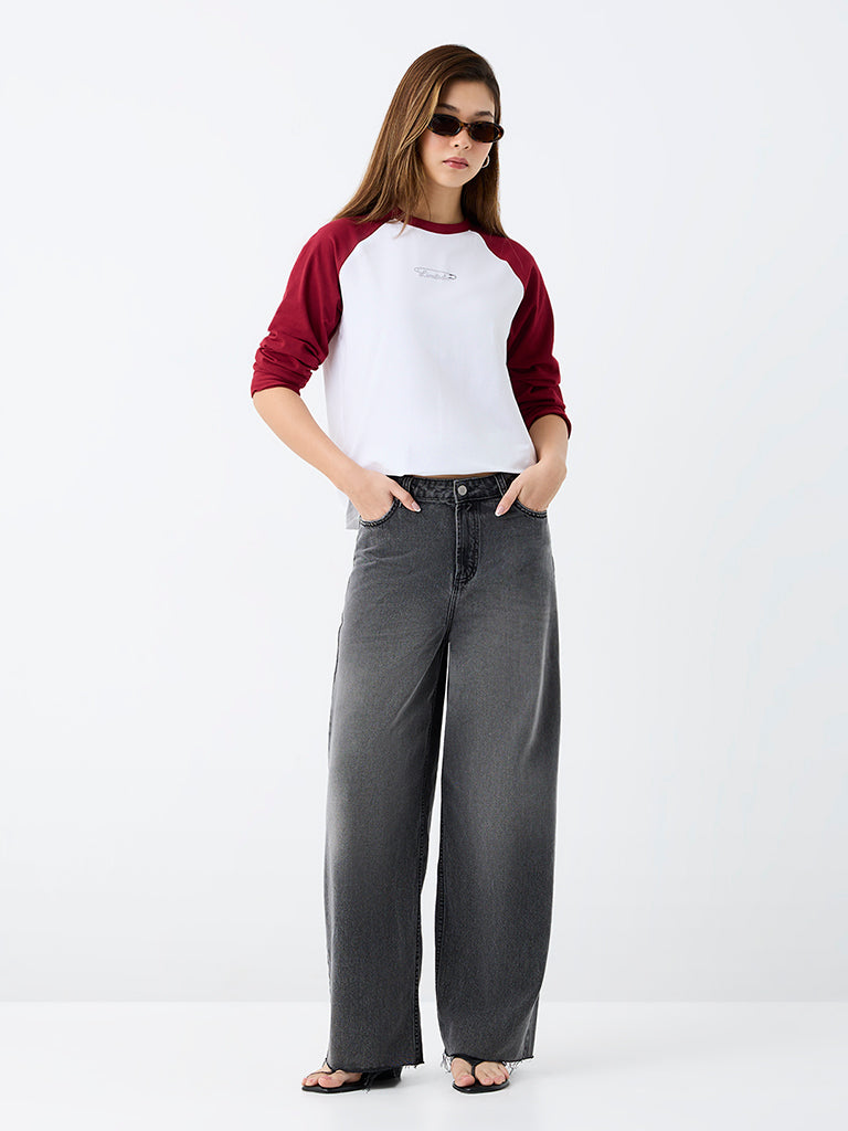 Nuon Burgundy Colour-Blocked Cotton-Blend T-Shirt