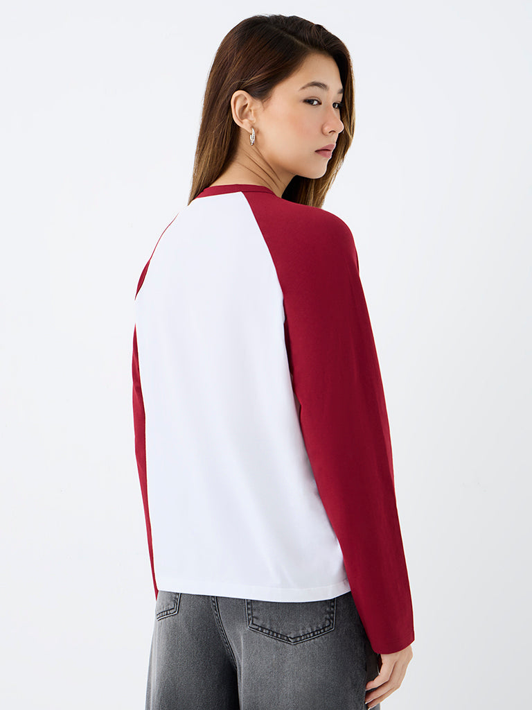 Nuon Burgundy Colour-Blocked Cotton-Blend T-Shirt