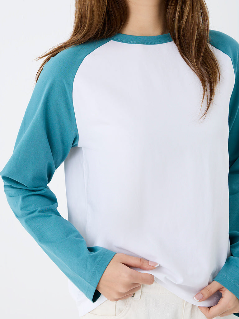 Nuon Blue Colour-Blocked Cotton-Blend T-Shirt