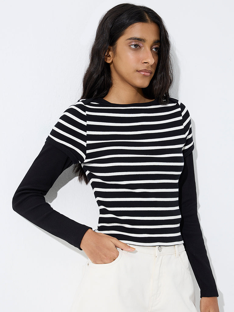 Nuon Black Striped Cotton-Blend T-Shirt