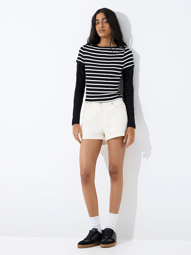 Nuon Black Striped Cotton-Blend T-Shirt