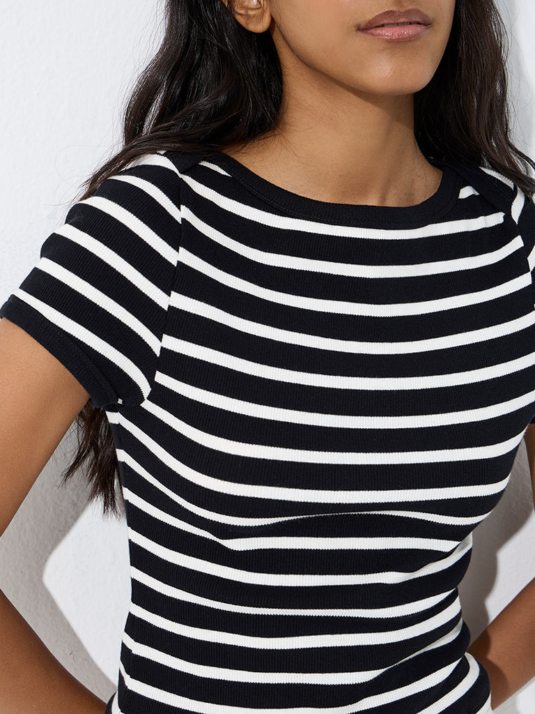 Nuon Black Striped Cotton-Blend T-Shirt