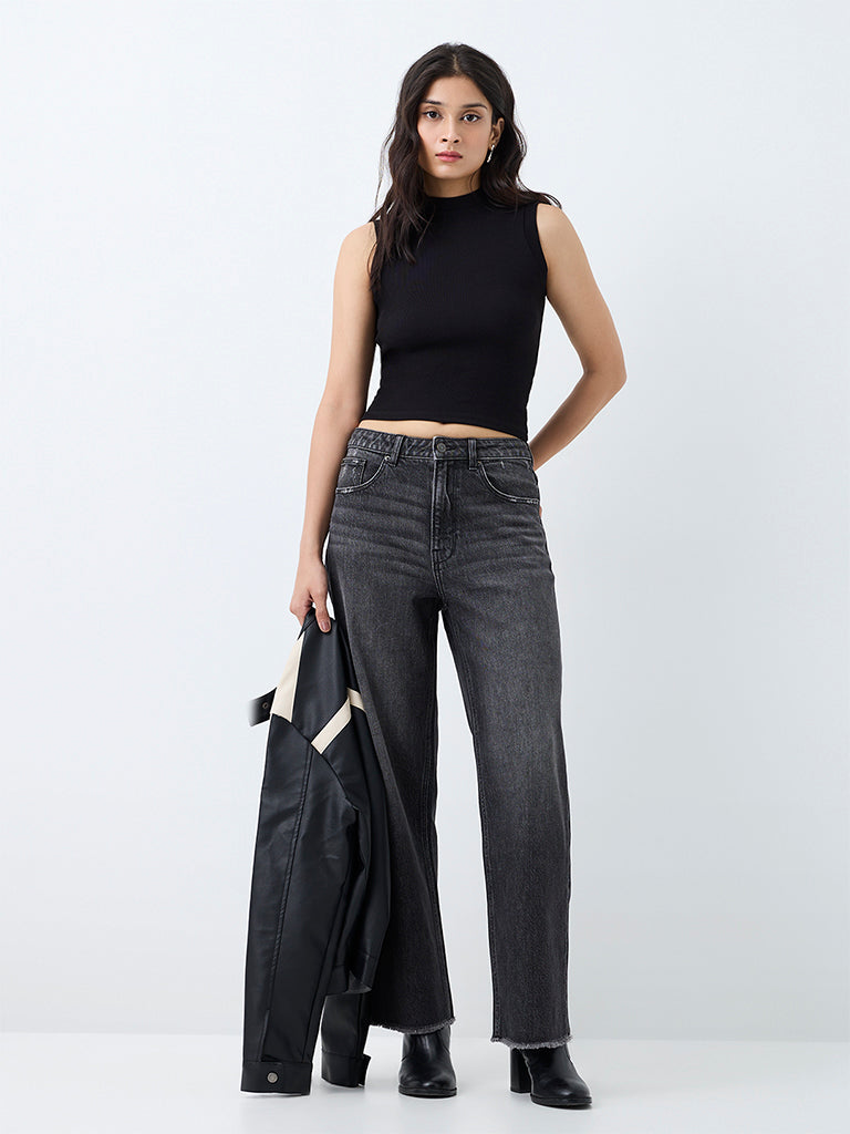 Nuon Black Ribbed-Textured Top